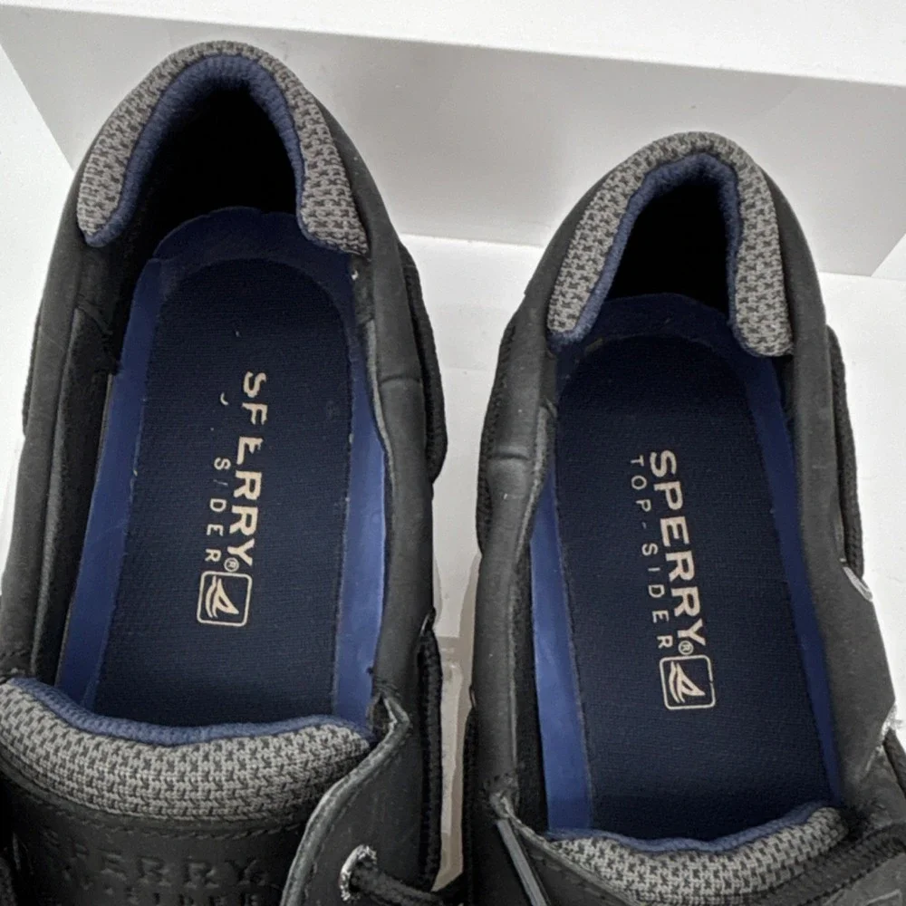 Sperry Top-Sider Men Black Leather 2-Eye Cross Lace Boat Shoes 11.5W Contrast
